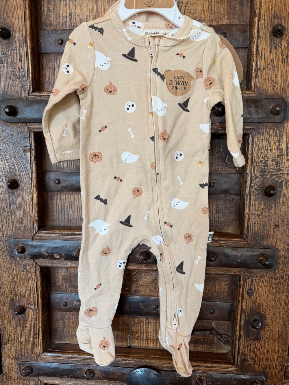 Neutral Tan Halloween Print 2-Way Zip Baby One-Piece